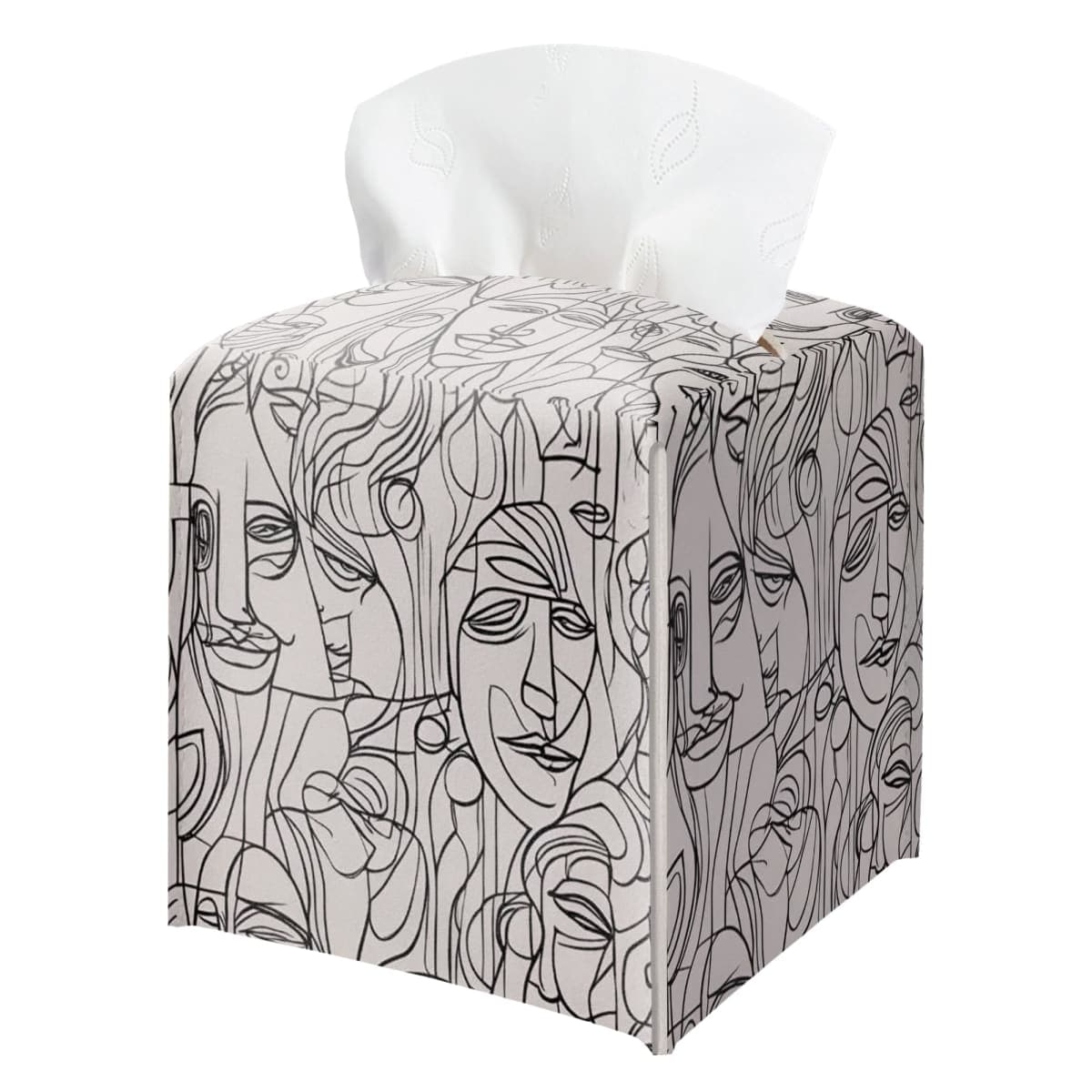 Abstract Line Art Tissue Box Holder, Modern Black White Faces Leather Tissue Box Cover Square, Paper Napkins Everyday Dispenser for Bathroom Night Stands Kitchen Office Car Home Decor — image 1