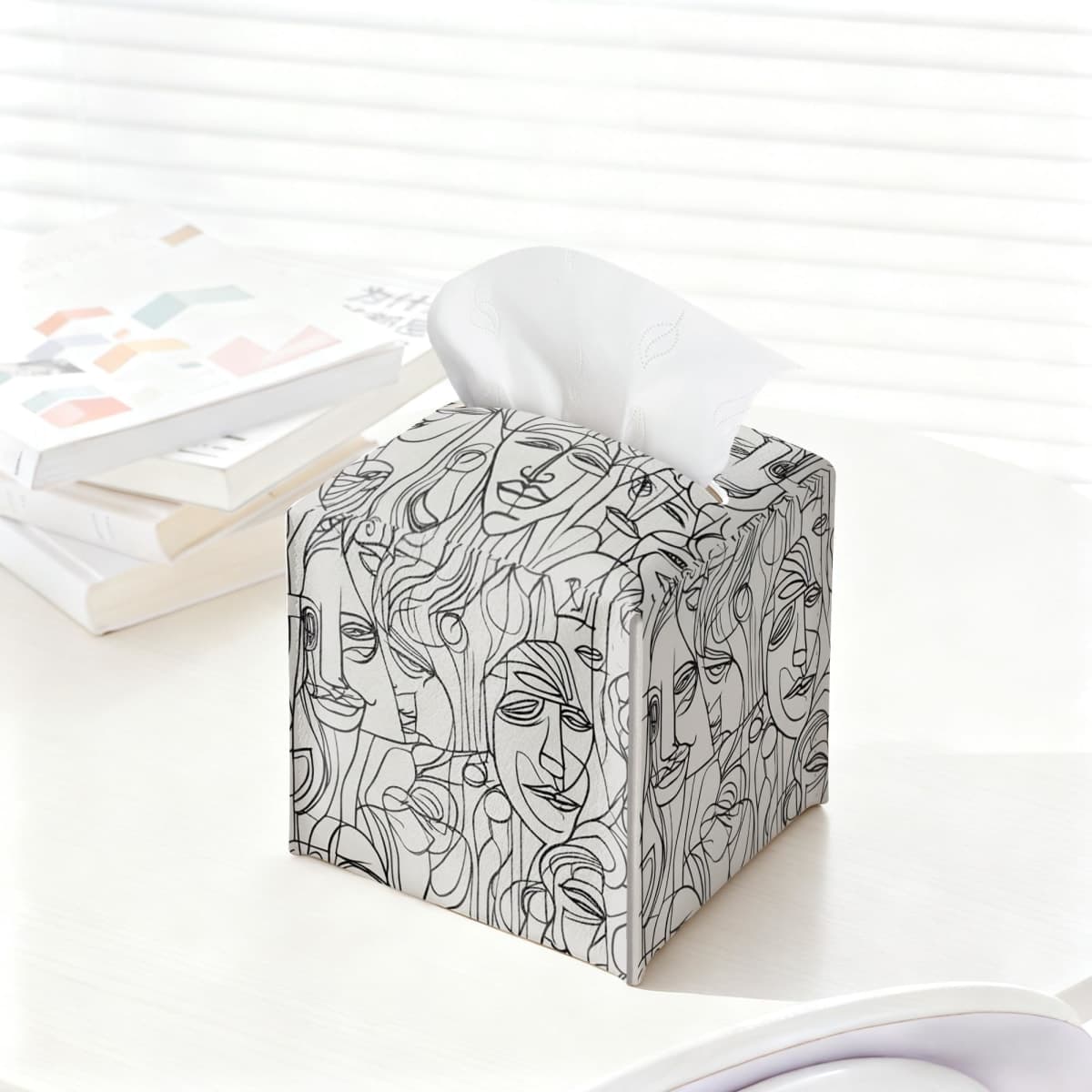 Abstract Line Art Tissue Box Holder, Modern Black White Faces Leather Tissue Box Cover Square, Paper Napkins Everyday Dispenser for Bathroom Night Stands Kitchen Office Car Home Decor thumbnail 4