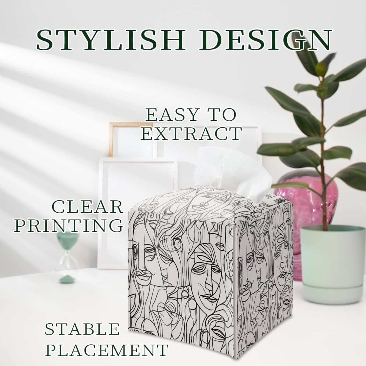 Abstract Line Art Tissue Box Holder, Modern Black White Faces Leather Tissue Box Cover Square, Paper Napkins Everyday Dispenser for Bathroom Night Stands Kitchen Office Car Home Decor thumbnail 5