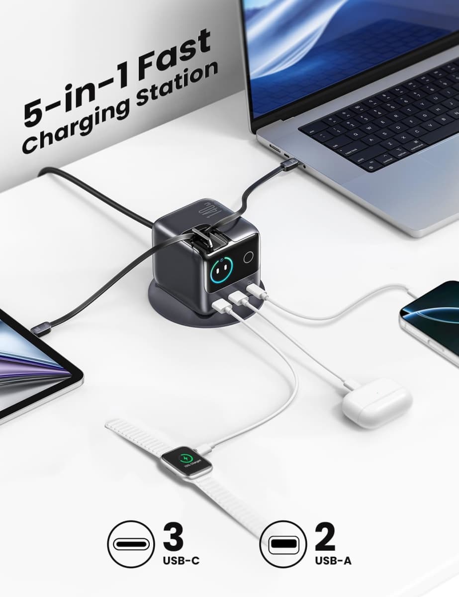 JOYROOM 5-in-1 USB C Charging Station, 140W Ultra-Fast 5-Port Desktop Charger with Dual Retractable 100W USB-C Cables (2.6ft), 1.54” Smart LCD Power Display for MacBook, iPhone, Home & Office thumbnail 2