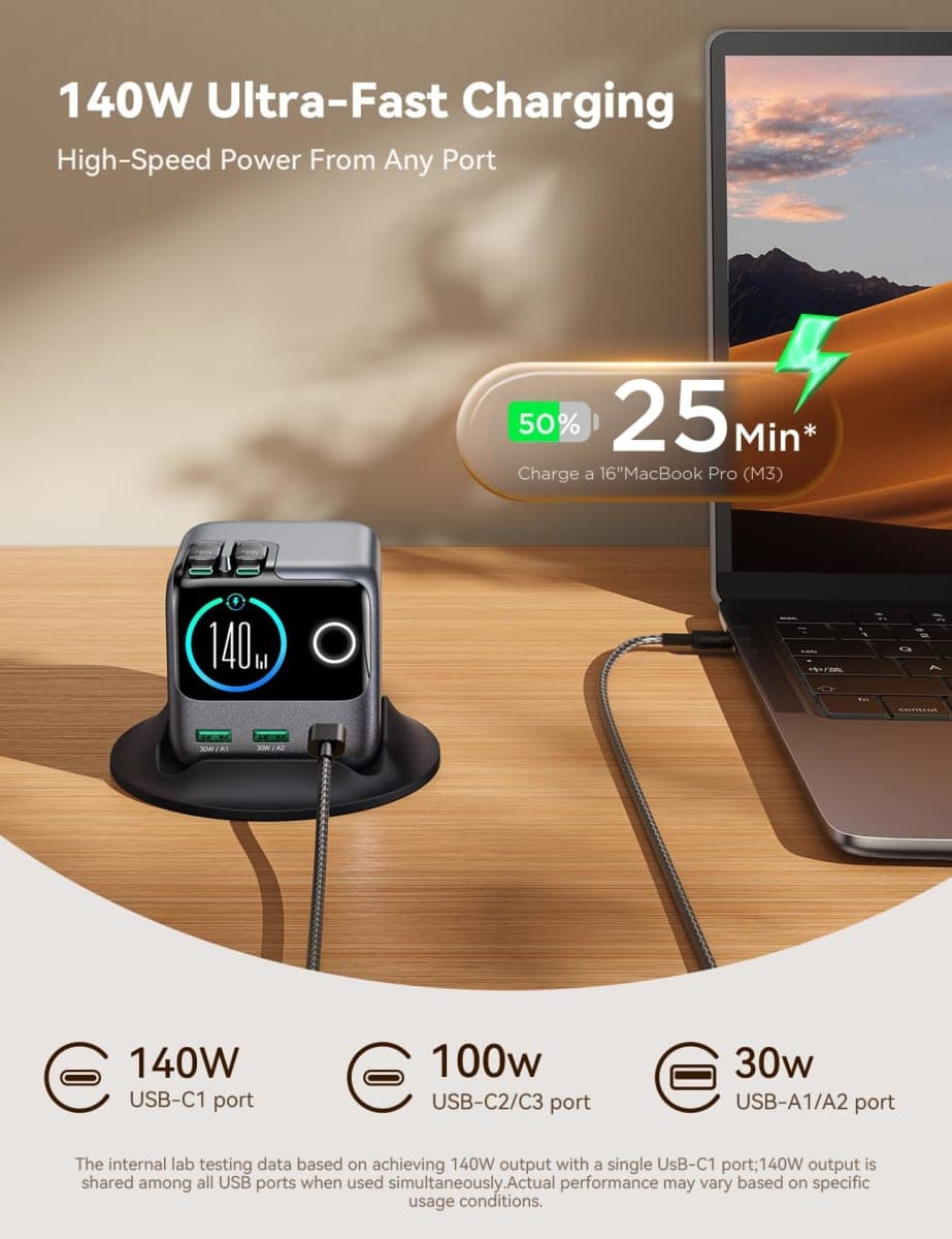 JOYROOM 5-in-1 USB C Charging Station, 140W Ultra-Fast 5-Port Desktop Charger with Dual Retractable 100W USB-C Cables (2.6ft), 1.54” Smart LCD Power Display for MacBook, iPhone, Home & Office thumbnail 3
