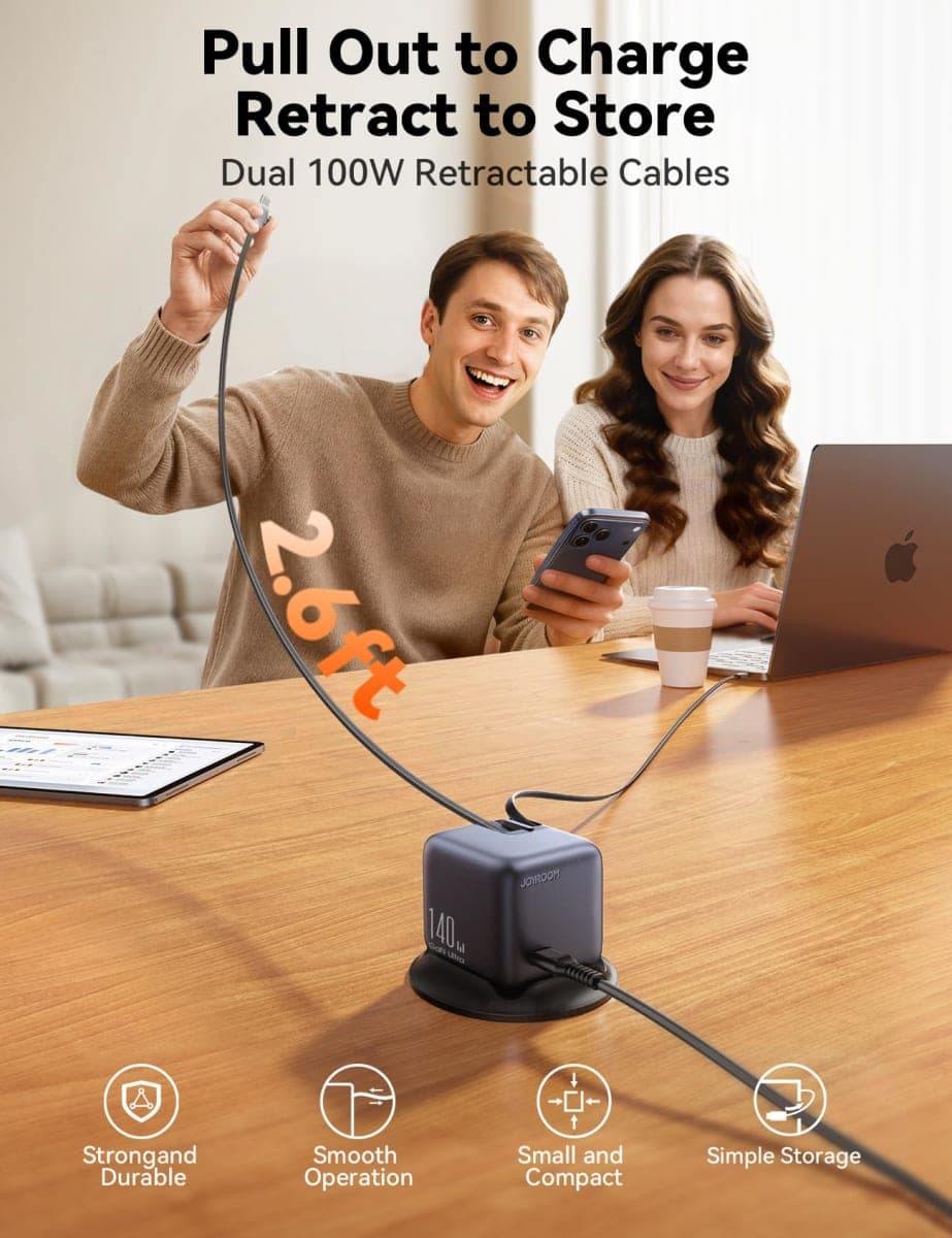 JOYROOM 5-in-1 USB C Charging Station, 140W Ultra-Fast 5-Port Desktop Charger with Dual Retractable 100W USB-C Cables (2.6ft), 1.54” Smart LCD Power Display for MacBook, iPhone, Home & Office thumbnail 5