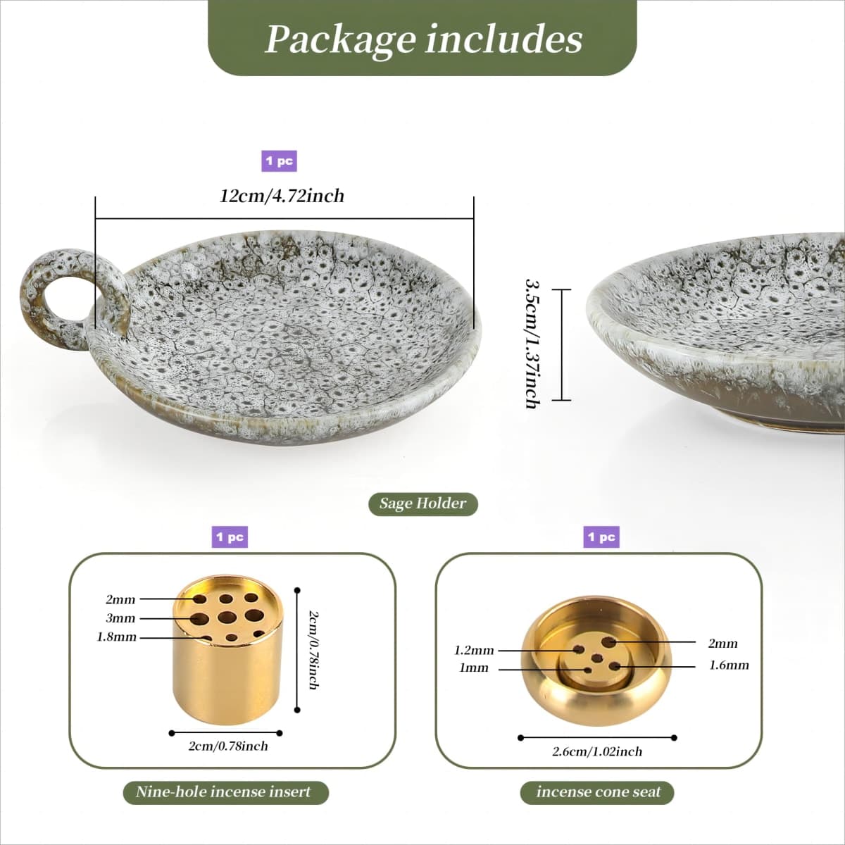 Generic 5 in 1 Ceramic Incense Holder Ash Catcher, Multi-Funtional Palo Santo Holder for Sage Sticks Cones Candle, Ideal for Meditation, Relaxing, Easy to Clean（Green thumbnail 2