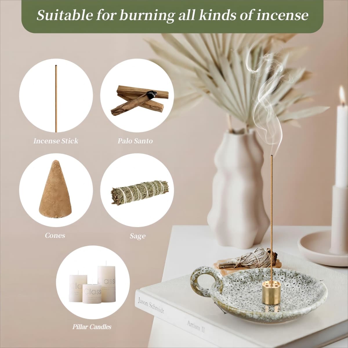 Generic 5 in 1 Ceramic Incense Holder Ash Catcher, Multi-Funtional Palo Santo Holder for Sage Sticks Cones Candle, Ideal for Meditation, Relaxing, Easy to Clean（Green thumbnail 3
