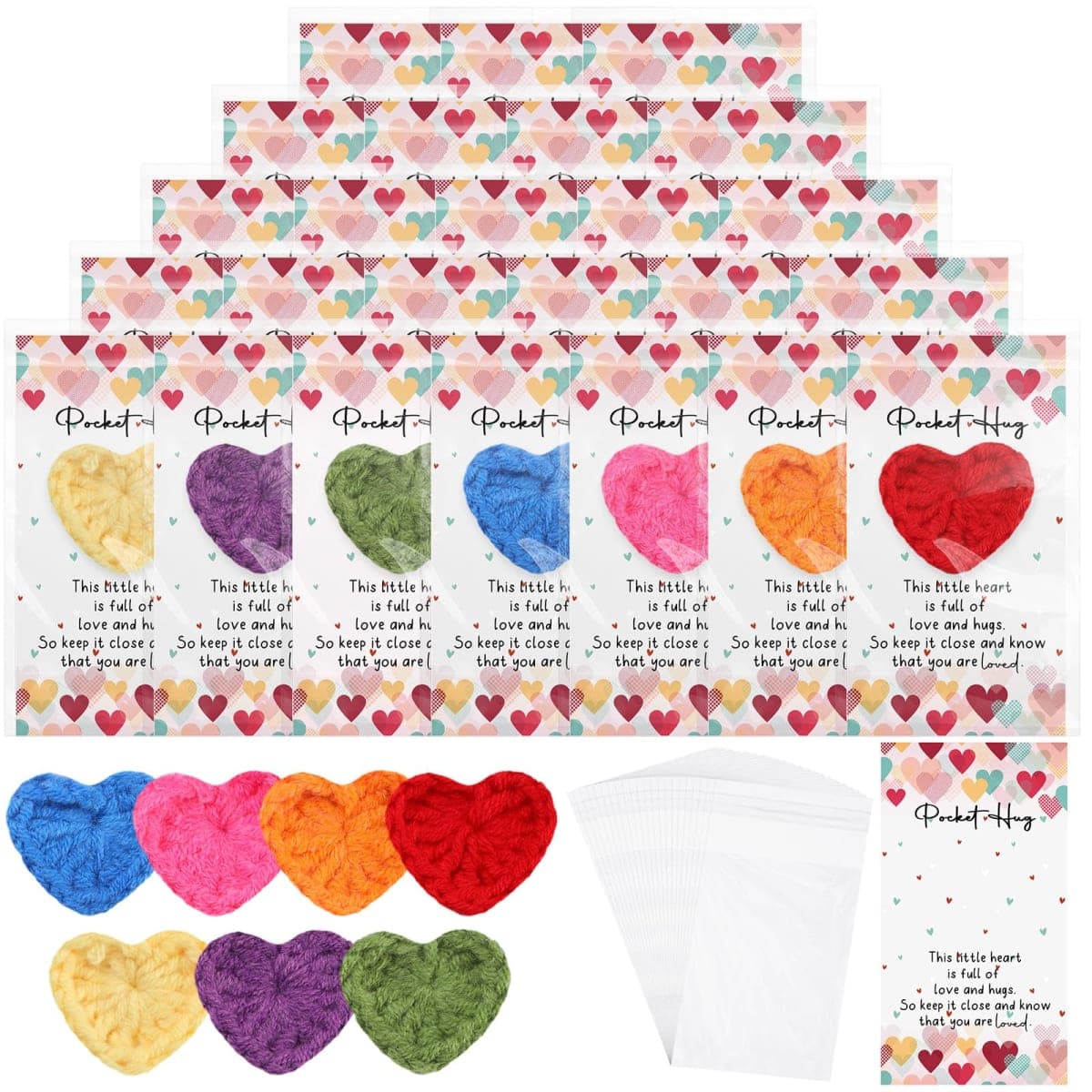 Mindsoft Emotional Cheer Support Gift Bulk Cute Hand Crocheted Pocket Hug Heart Inspirational Cards and Bags Party Favor for End of Year Preschool Toddler Boy Girls(210 Sets) — image 1