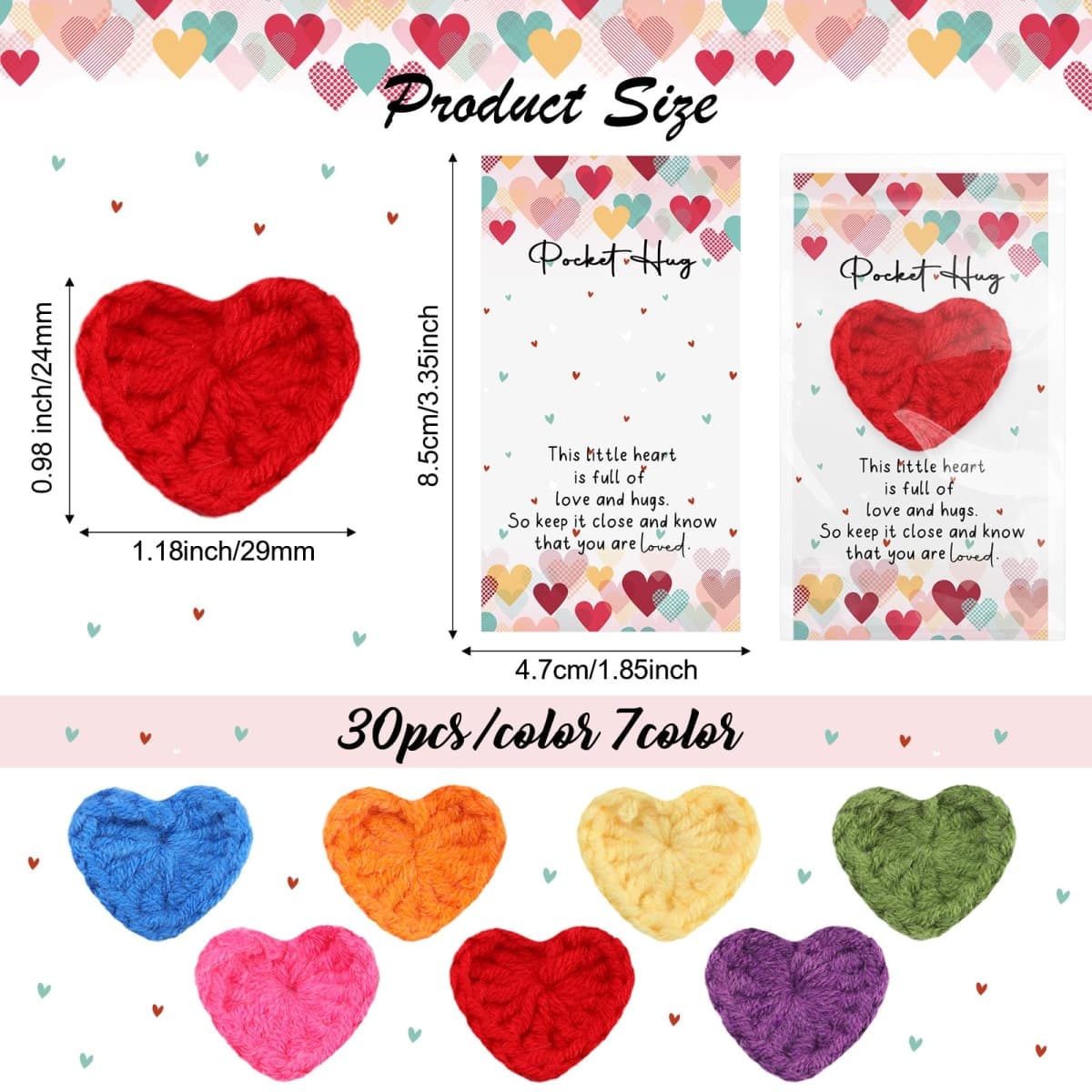 Mindsoft Emotional Cheer Support Gift Bulk Cute Hand Crocheted Pocket Hug Heart Inspirational Cards and Bags Party Favor for End of Year Preschool Toddler Boy Girls(210 Sets) thumbnail 2