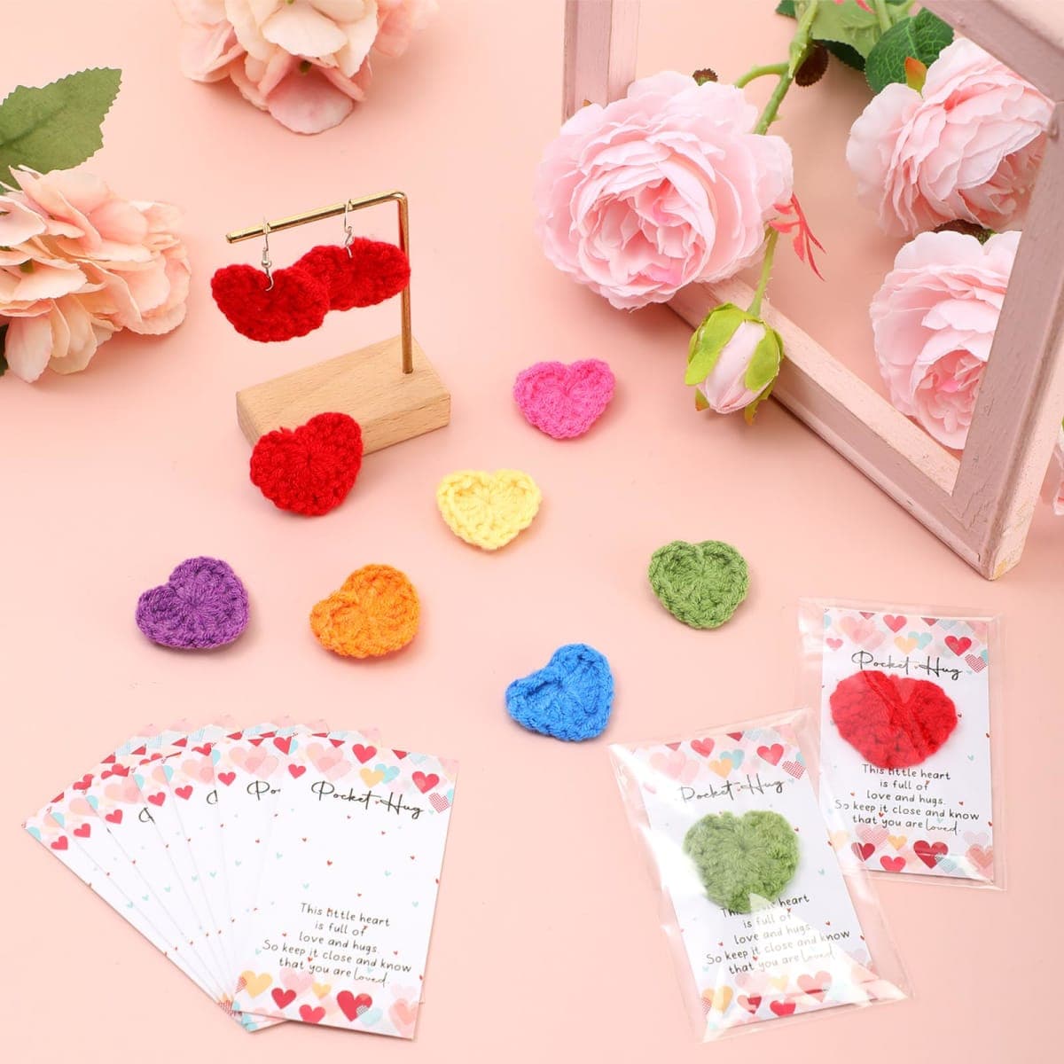 Mindsoft Emotional Cheer Support Gift Bulk Cute Hand Crocheted Pocket Hug Heart Inspirational Cards and Bags Party Favor for End of Year Preschool Toddler Boy Girls(210 Sets) thumbnail 4