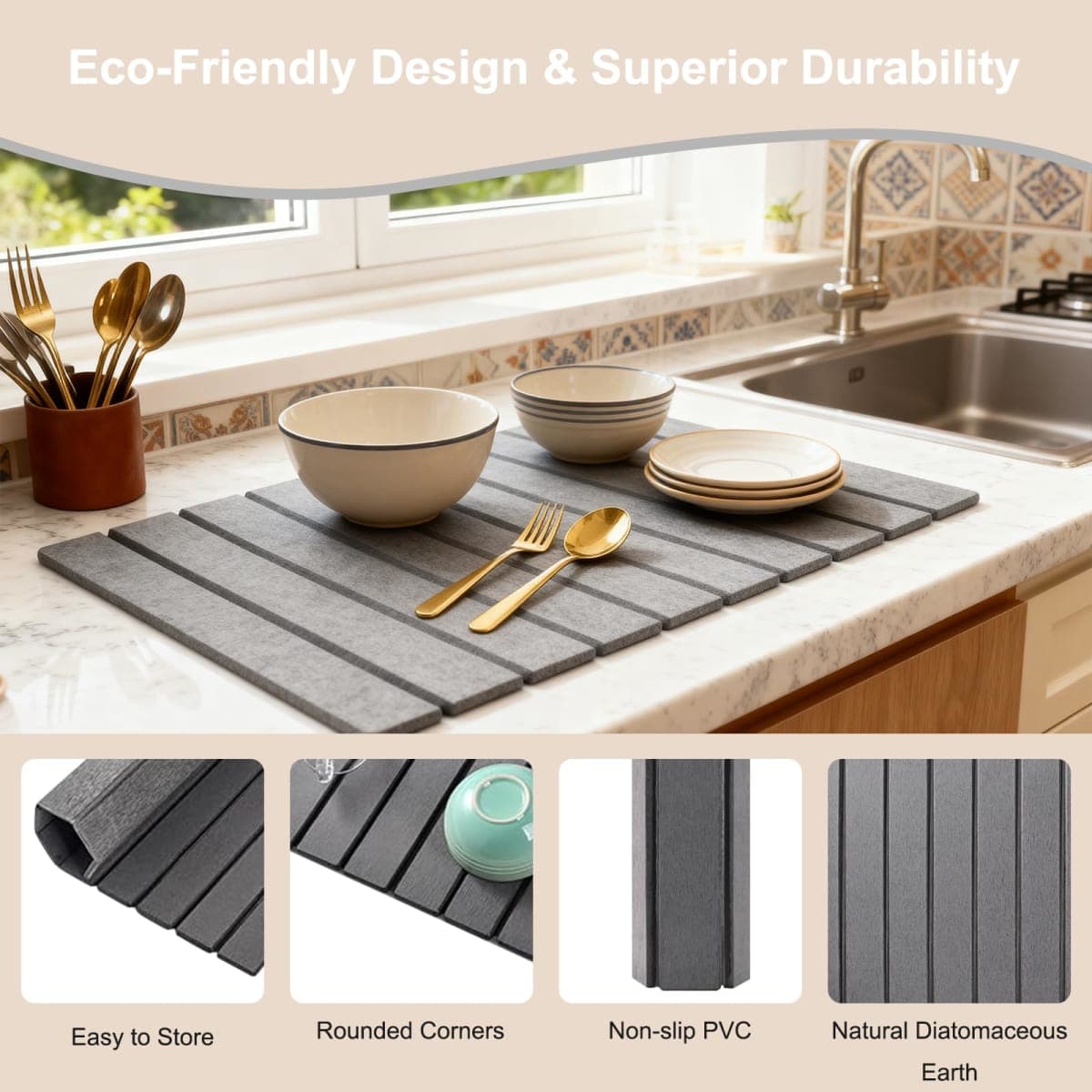 Stone Drying Mat for Kitchen Counter, 24x16 Inch Foldable Diatomaceous Earth Stone Sink, Fast Absorbing Dish Drying Mats for Dishes Bottles Cups, Match any Countertop (White, 24x16 Inch) thumbnail 3