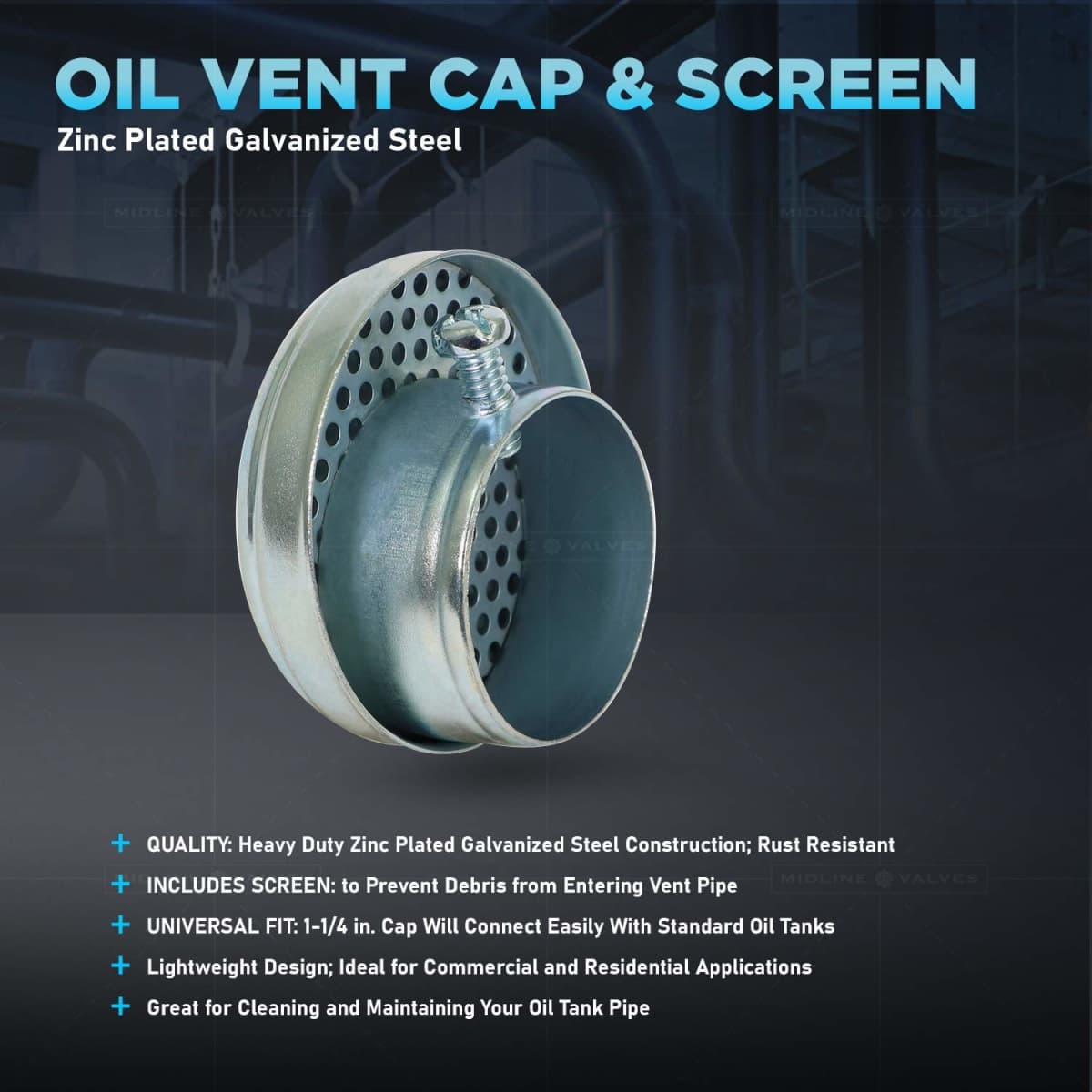 Midline Valve S1506 Oil Tank Vent Cap with Screen; 1-1/2 in.; Zinc Plated Galvanized Steel thumbnail 4