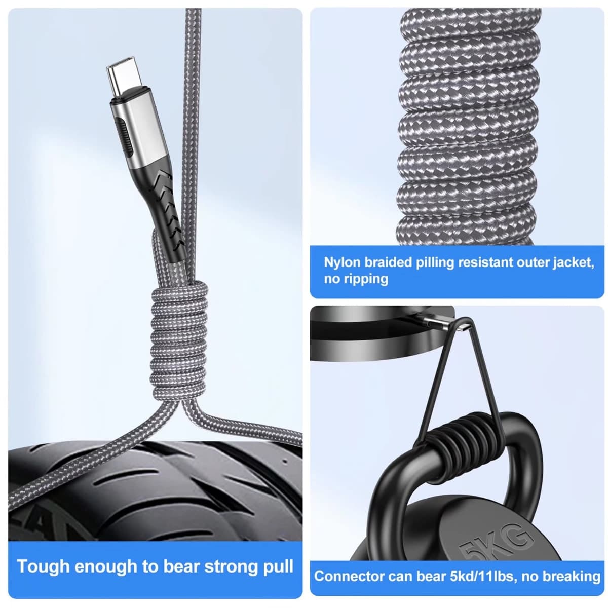 Durcord 2Pack 10ft USB C Charger Cable - 100W Fast Charging for Android/Phone/Pad, Type C to Type C Compatible with iPhone 17/16/15 Pro Plus Max Silver thumbnail 3