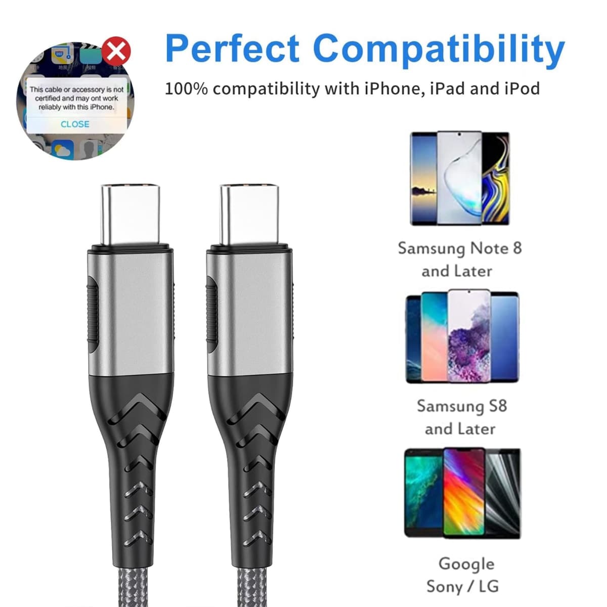 Durcord 2Pack 10ft USB C Charger Cable - 100W Fast Charging for Android/Phone/Pad, Type C to Type C Compatible with iPhone 17/16/15 Pro Plus Max Silver thumbnail 5