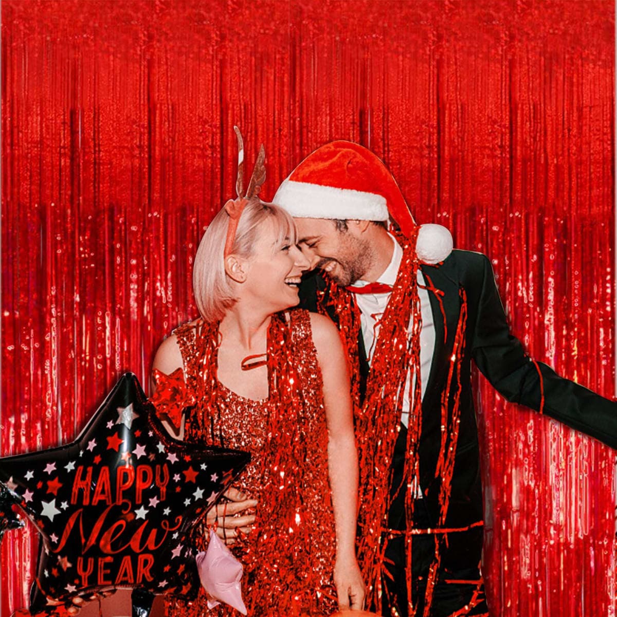 2 Pack Foil Curtain Backdrop Red Metallic Tinsel Foil Fringe Curtains Photo Booth Props for Birthday Wedding Engagement Baby Shower Bachelorette Christmas Holiday Celebration Party Decorations thumbnail 5