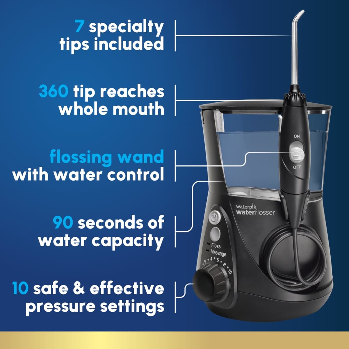 Waterpik Aquarius Water Flosser For Teeth Cleaning, Gums, Braces, Dental Care, Electric Power With 10 Settings, 7 Tips For Multiple Users & Needs, CDA Validated, Black WP-662, Packaging May Vary thumbnail 2