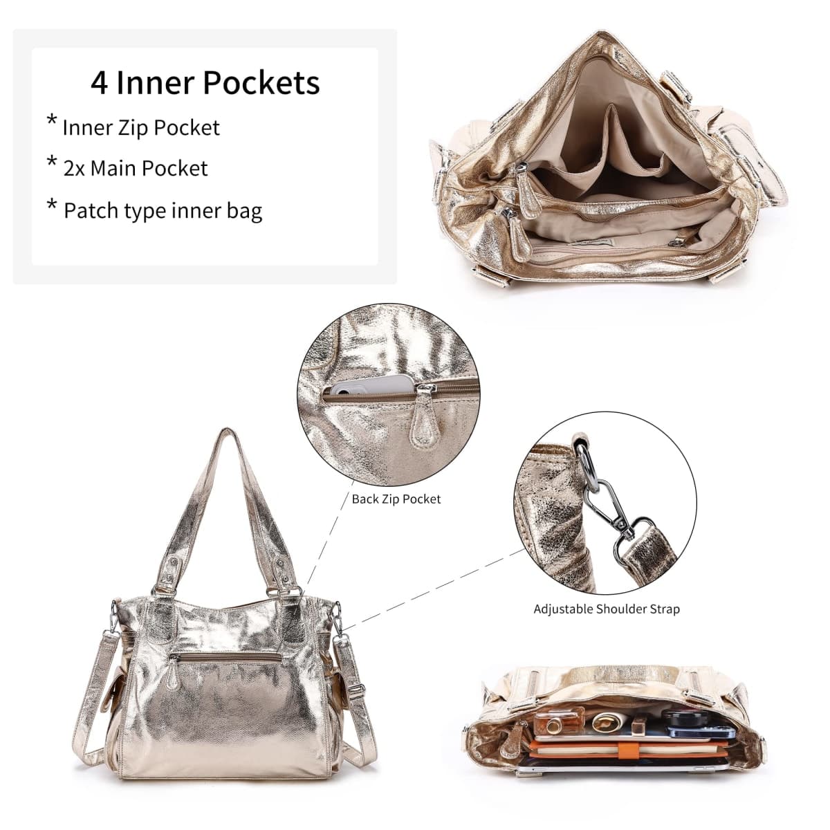 Handbags for Womens Top-Handle Hobo Purse Roomy Casual Shoulder Bagn PU Tote Satchel Purse for Womens, 1gold, X-Large thumbnail 5