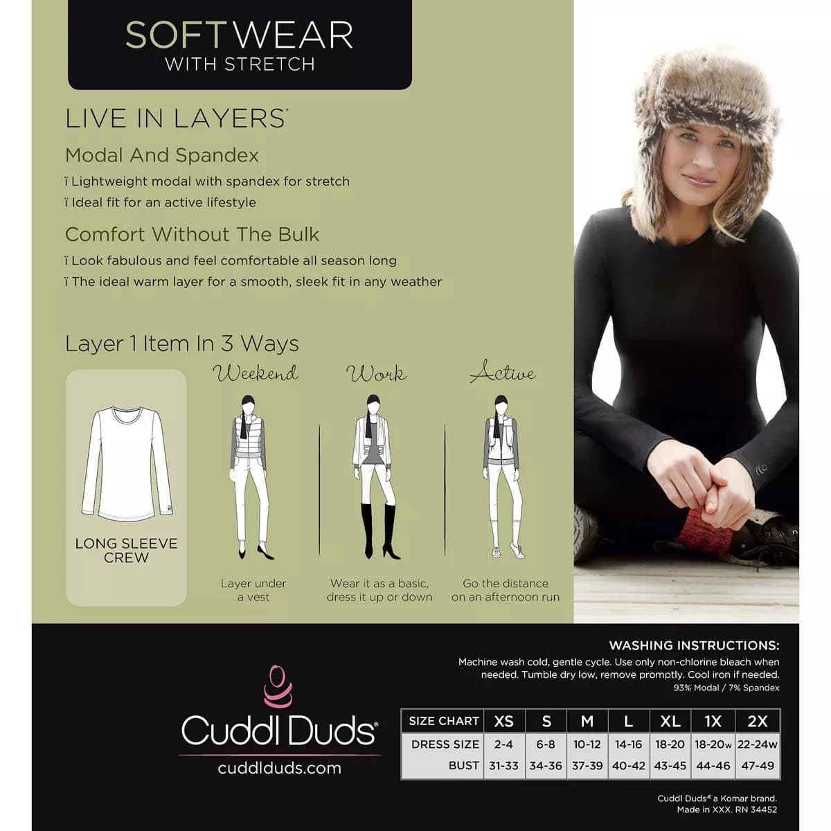 Cuddl Duds Women's Softwear with Stretch Long Sleeve Crew Neck Top, Red Buffalo, Small thumbnail 2