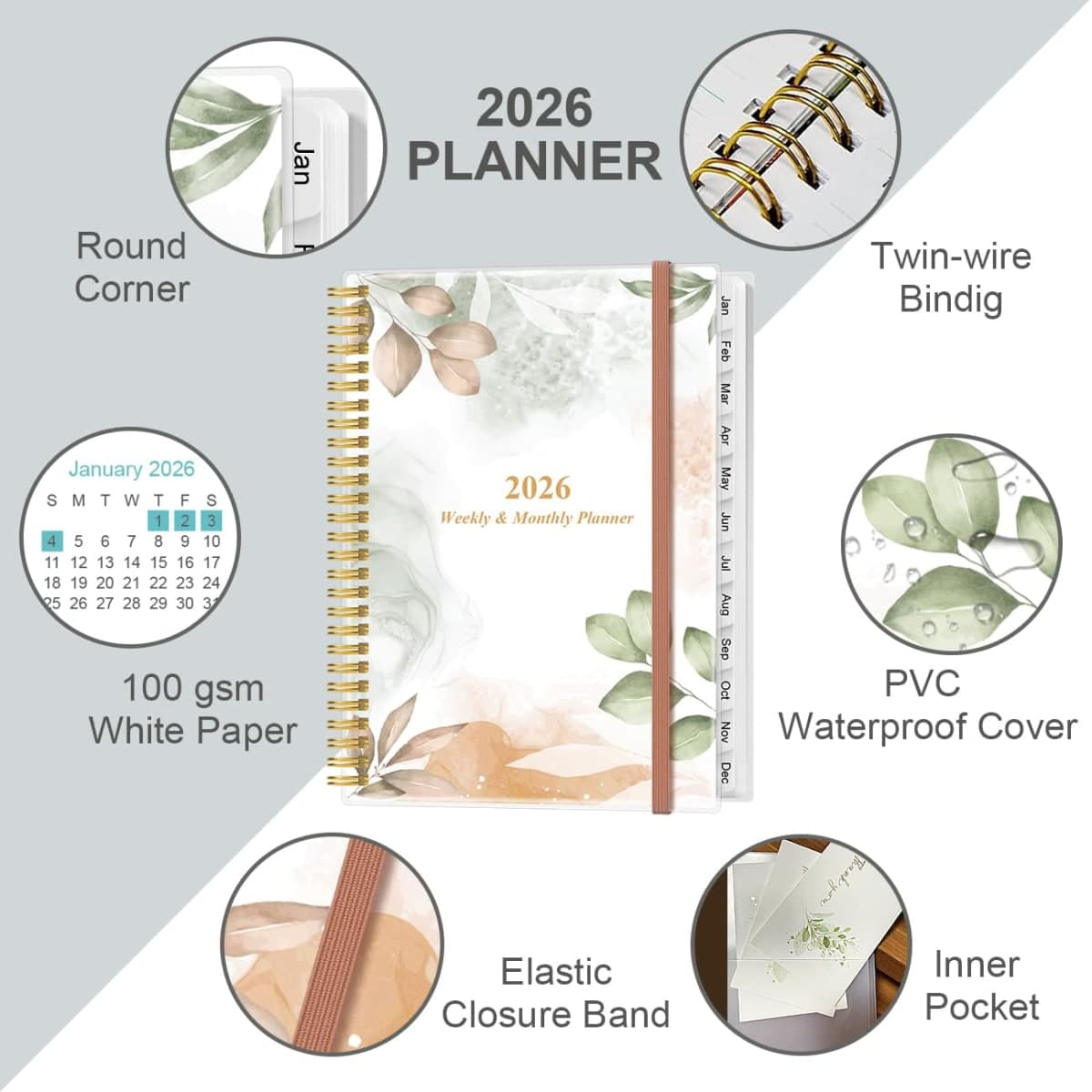 2024 Planner - A4 Weekly & Monthly Planner to Achieve Goals & Increase Productivity, January 2024 - December 2024, 8.5" x 11", Rose Leaf thumbnail 2