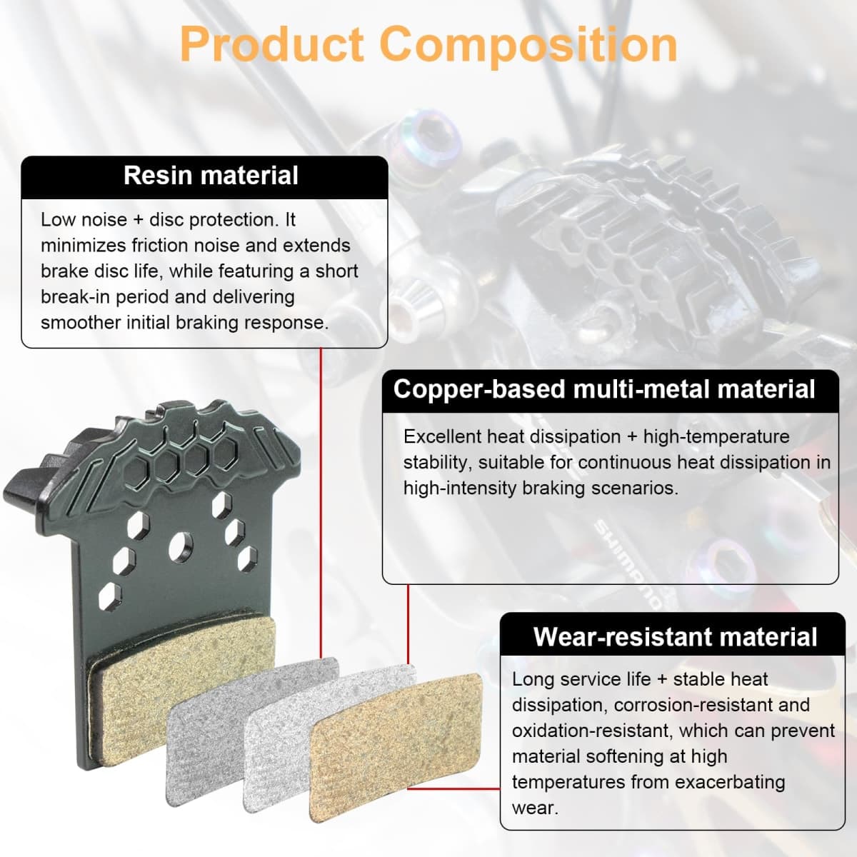 Chooee J05A-RF Bike Brake Pads,2 Pairs Disc Brake Pads for Shimano J04C J05A G05A G04S J02A J03A,Polymetallic Bicycle Brake Pads for Shimano XT XTR SLX Deore Brake Pad thumbnail 4