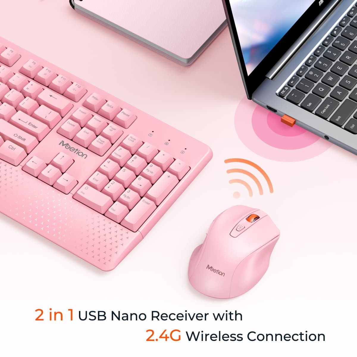 MEETION Wireless Keyboard and Mouse, Computer Keyboard Mouse, 3 DPI Adjustable USB A and USB C Adapter Full-Sized Cordless Keyboard and Mouse, Wrist Rest for PC/Computer/Laptop/Windows/Mac, Pink thumbnail 2