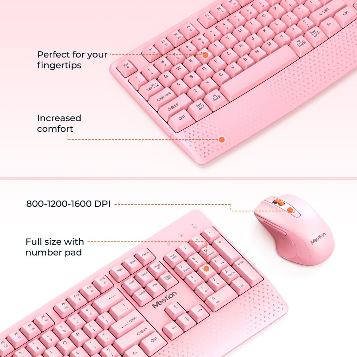 MEETION Wireless Keyboard and Mouse, Computer Keyboard Mouse, 3 DPI Adjustable USB A and USB C Adapter Full-Sized Cordless Keyboard and Mouse, Wrist Rest for PC/Computer/Laptop/Windows/Mac, Pink thumbnail 3