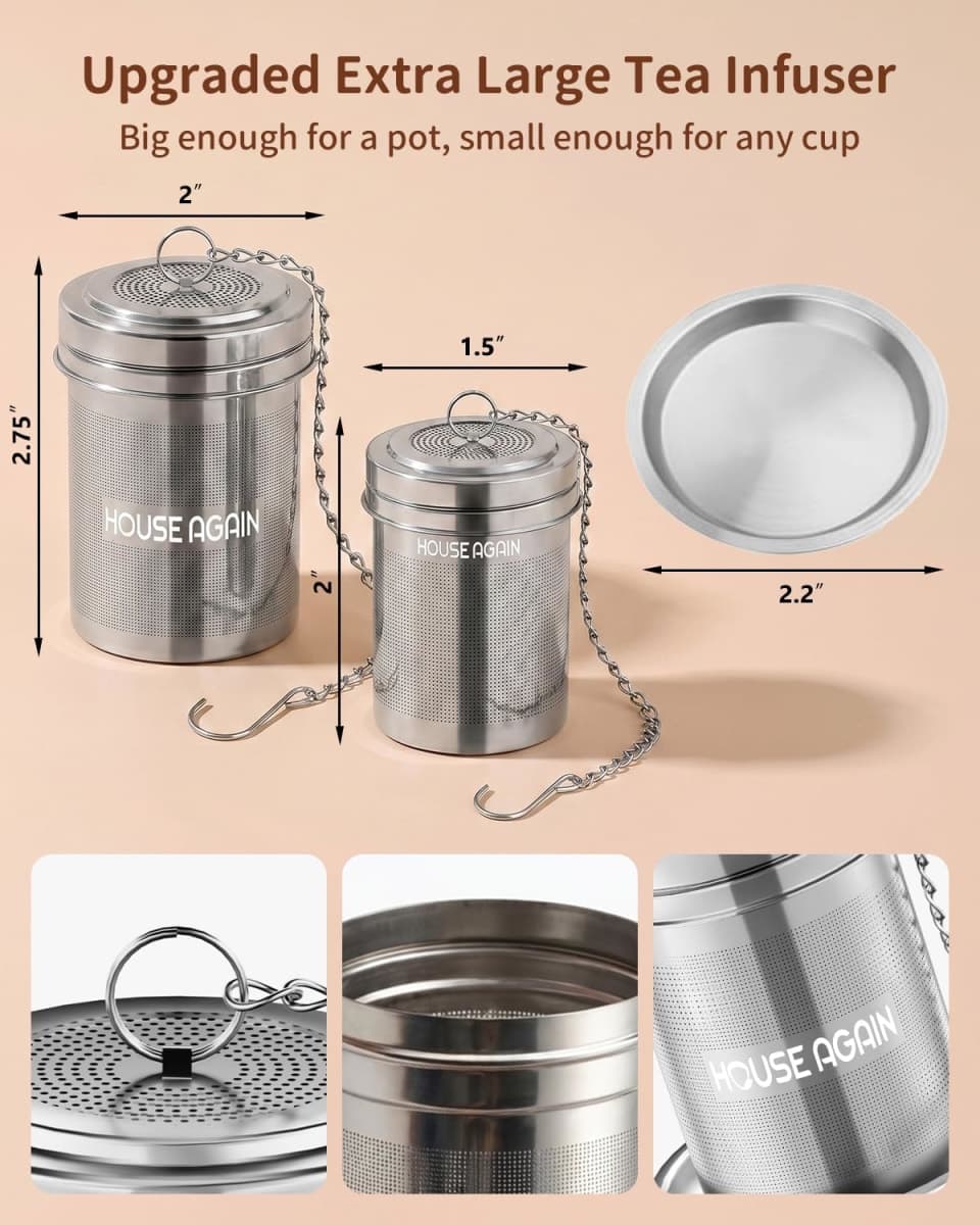 HOUSE AGAIN Tea Infuser (2 Pack, Large + Small), Extra Fine Mesh Strainers for Loose Tea, 18/8 Stainless Steel Strainer with Extended Chain Hook, Steeper thumbnail 4
