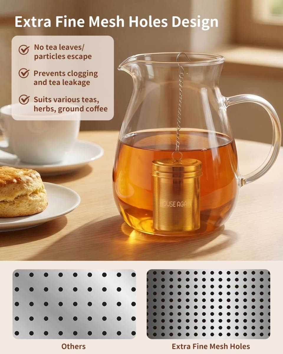 HOUSE AGAIN Tea Infuser (2 Pack, Large + Small), Extra Fine Mesh Strainers for Loose Tea, 18/8 Stainless Steel Strainer with Extended Chain Hook, Steeper thumbnail 5