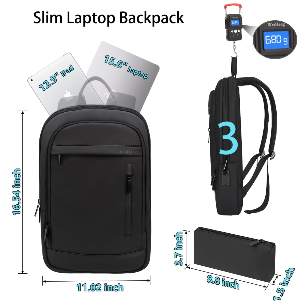 Lixiin Business Backpack for Men Anti-Theft Water Resistant Commute Laptop Backpack for Daily Work, Black, 15.6", Classic thumbnail 2