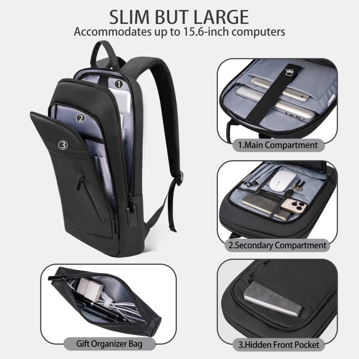Lixiin Business Backpack for Men Anti-Theft Water Resistant Commute Laptop Backpack for Daily Work, Black, 15.6", Classic thumbnail 3