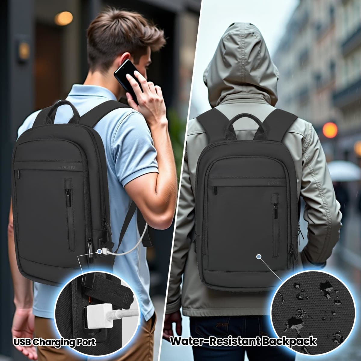 Lixiin Business Backpack for Men Anti-Theft Water Resistant Commute Laptop Backpack for Daily Work, Black, 15.6", Classic thumbnail 4