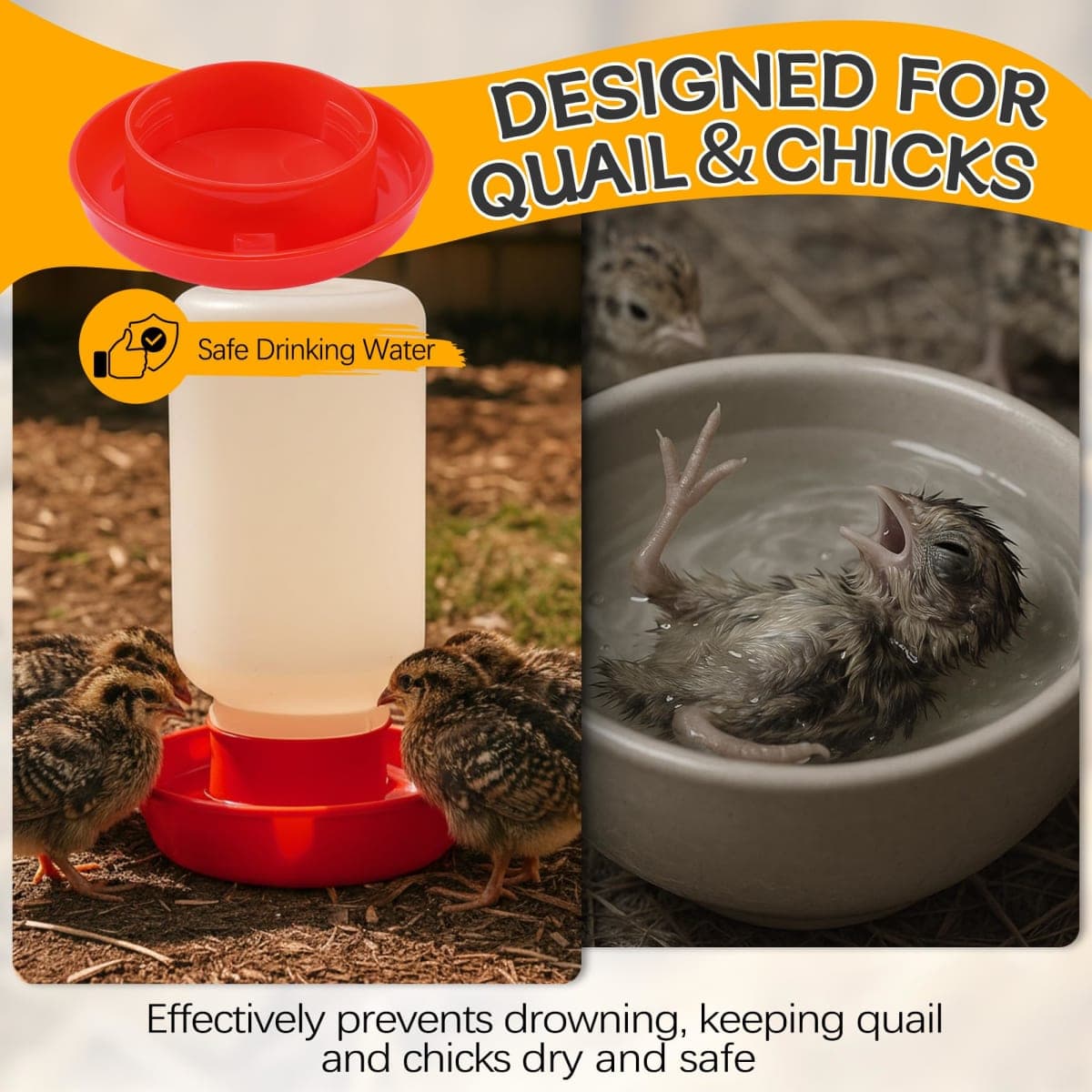Enhon 2 Sizes Quail Waterer Base, Quail & Chick No Drown Water Base, Safety Waterer and Feeder, Compatible with Bottles with A 2.5inch Outer Diameter and Threaded Neck for Brooding Chicks thumbnail 3