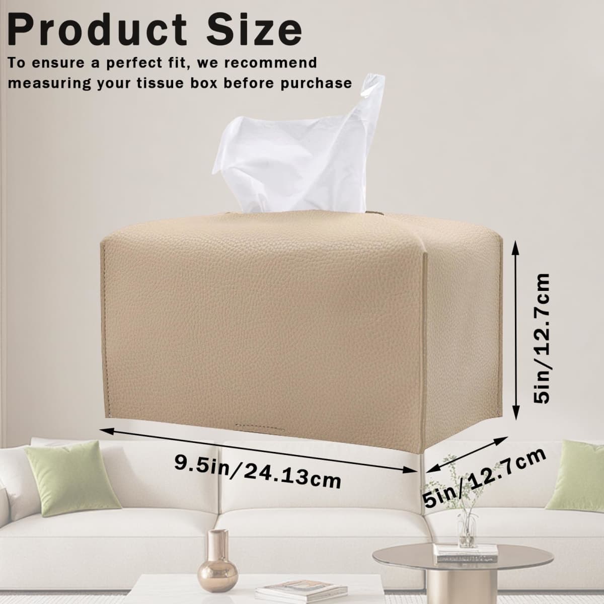 Hapforever 1PC Extra Large Rectangle Tissue Box Cover, PU Leather Rectangular Tissue Box Holder with Bottom Belt Plus Size Tissue Box Organizer for Bathroom/Car/Hotel/Office (9.5’’x5’’x5’’, Beige) thumbnail 2