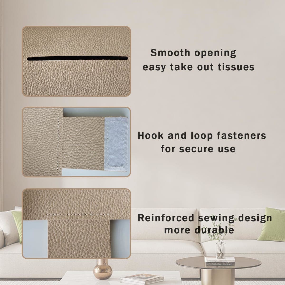 Hapforever 1PC Extra Large Rectangle Tissue Box Cover, PU Leather Rectangular Tissue Box Holder with Bottom Belt Plus Size Tissue Box Organizer for Bathroom/Car/Hotel/Office (9.5’’x5’’x5’’, Beige) thumbnail 4