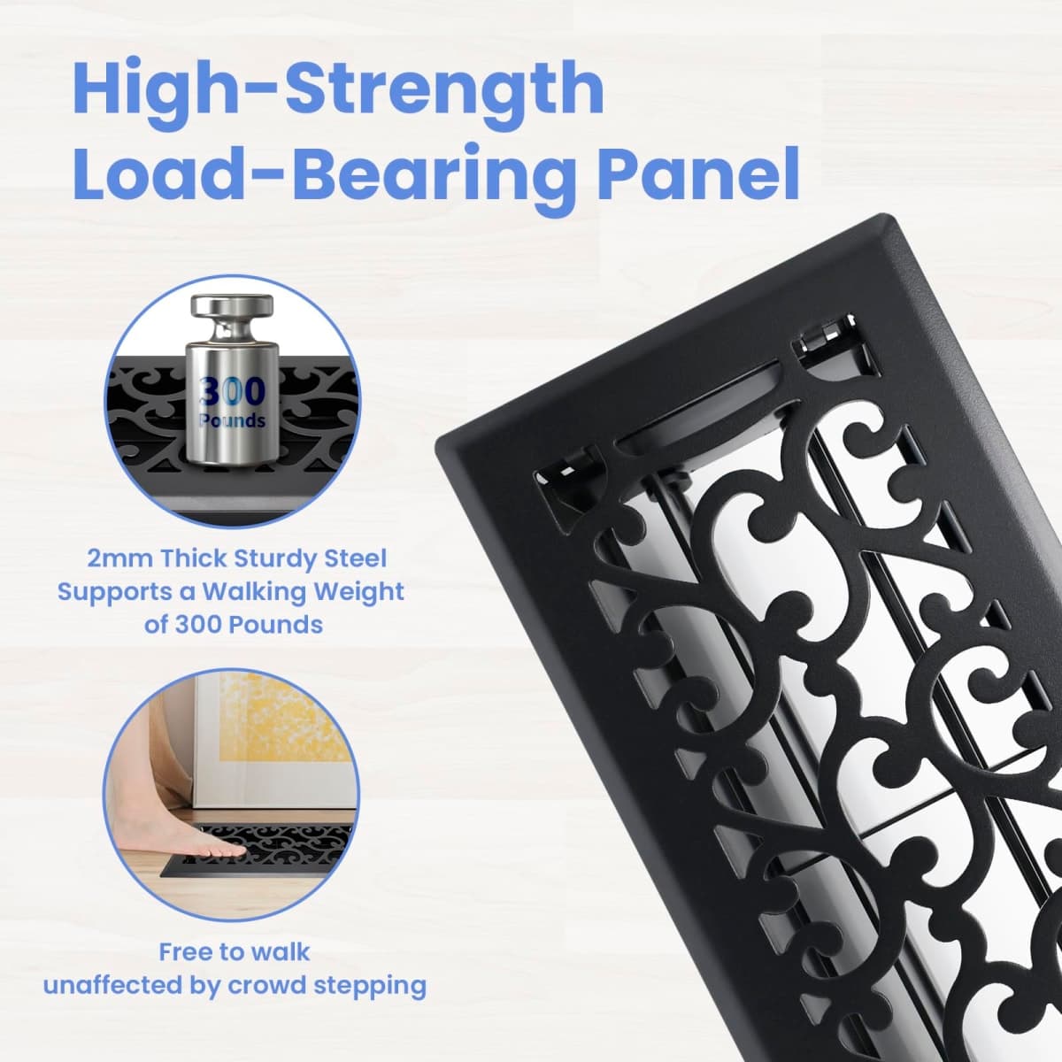 Howeall 4x10 Inches Heavy Duty Walkable Floor Register - Easy Adjust Air Supply Lever Decorative Floor Vent Covers - Savannah Design Vent Covers for Home - Matte Black thumbnail 2