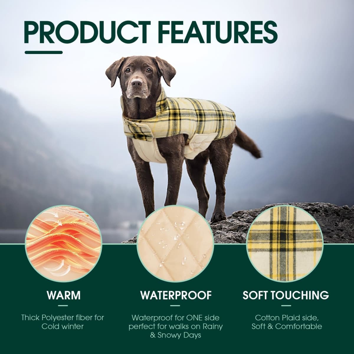 Kuoser Waterproof Dog Coat, Reversible Dog Jacket for Large Dogs, Adjustable Durable Doggie Winter Coat for Groowing Puppies Warm Puppy Cold Weather Apparel, Yellow L thumbnail 3