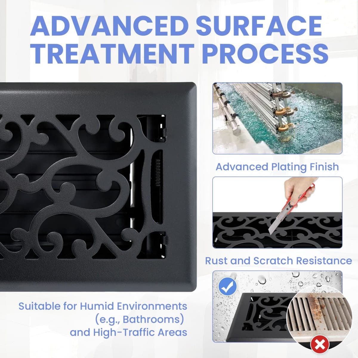 Howeall 4x10 Inches Heavy Duty Walkable Floor Register - Easy Adjust Air Supply Lever Decorative Floor Vent Covers - Savannah Design Vent Covers for Home - Matte Black thumbnail 3