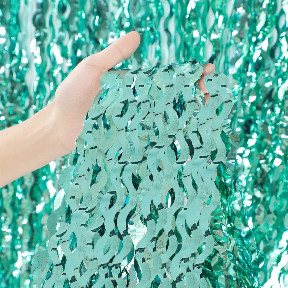3 Pack Teal Aqua Blue Wave Foil Curtains - 3.3 ft x 6.6 ft Tinsel Metallic Streamers for Photo Booth Birthday Wedding Girl Princess Bachelorette Euphoria Theme Party Decorations thumbnail 2
