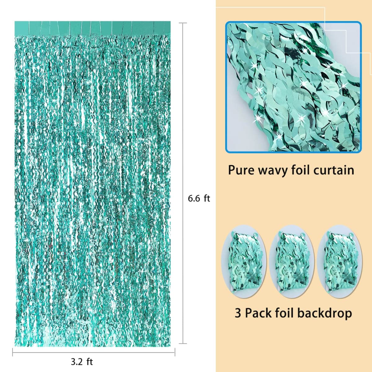 3 Pack Teal Aqua Blue Wave Foil Curtains - 3.3 ft x 6.6 ft Tinsel Metallic Streamers for Photo Booth Birthday Wedding Girl Princess Bachelorette Euphoria Theme Party Decorations thumbnail 3