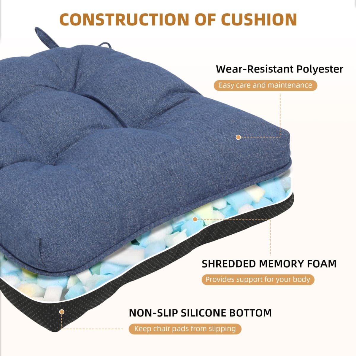 RACE LEAF Indoor Chair Cushions 2 Pack, Tufted Memory Foam Dining Room Chair Pads with Ties and Non-Slip Backing, Kitchen Seat Cushions 15.5" X 15.5" Navy thumbnail 2
