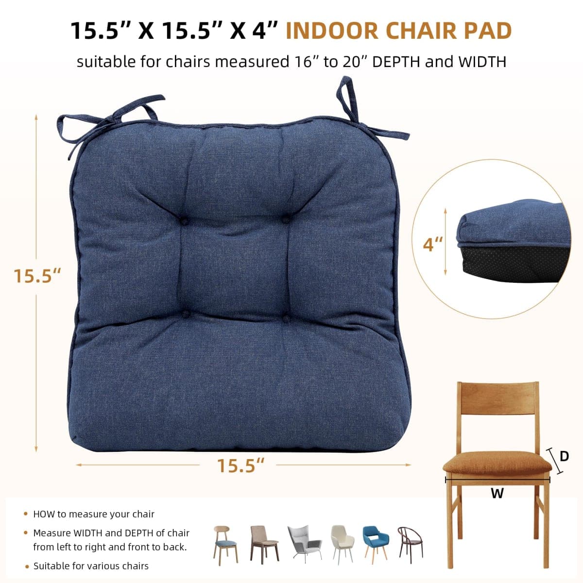 RACE LEAF Indoor Chair Cushions 2 Pack, Tufted Memory Foam Dining Room Chair Pads with Ties and Non-Slip Backing, Kitchen Seat Cushions 15.5" X 15.5" Navy thumbnail 4