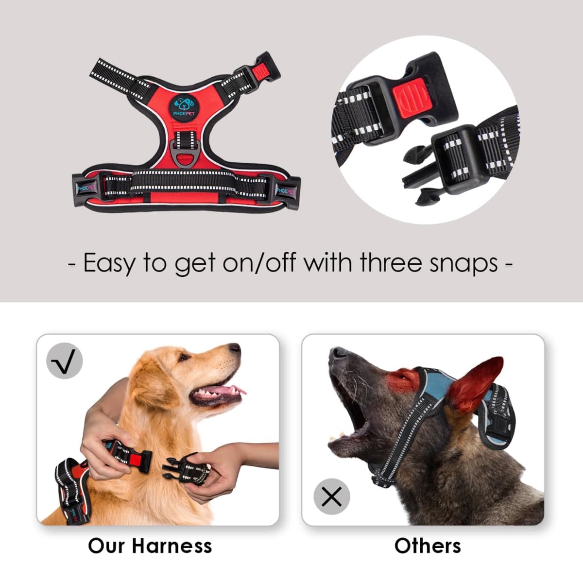 PHOEPET No Pull Dog Harnesses for Small Dogs Reflective Adjustable Front Clip Vest with Handle 2 Metal Rings 3 Buckles [Easy to Put on & Take Off](S, Red) thumbnail 3