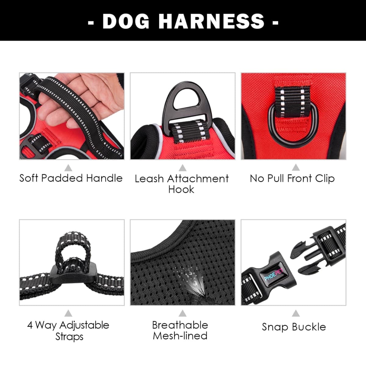 PHOEPET No Pull Dog Harnesses for Small Dogs Reflective Adjustable Front Clip Vest with Handle 2 Metal Rings 3 Buckles [Easy to Put on & Take Off](S, Red) thumbnail 4