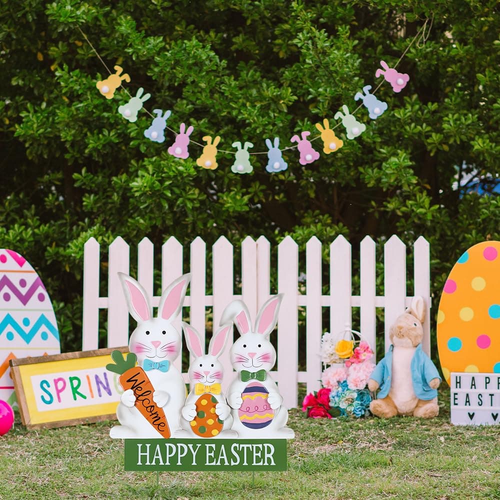 YEAHOME 3 Metal Bunny Decorative Easter Garden Stakes, Metallic, Outdoor, Happy Easter Yard Sign, Spring Decorations thumbnail 2