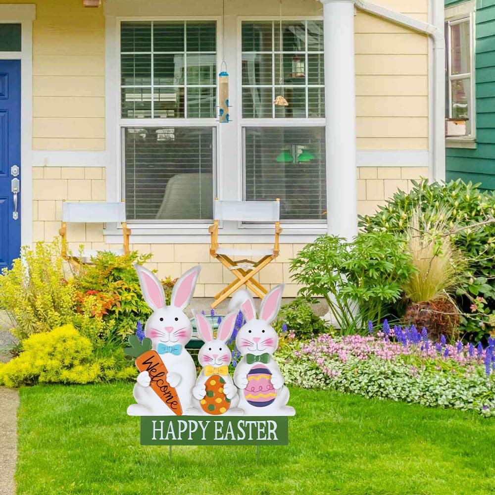 YEAHOME 3 Metal Bunny Decorative Easter Garden Stakes, Metallic, Outdoor, Happy Easter Yard Sign, Spring Decorations thumbnail 3