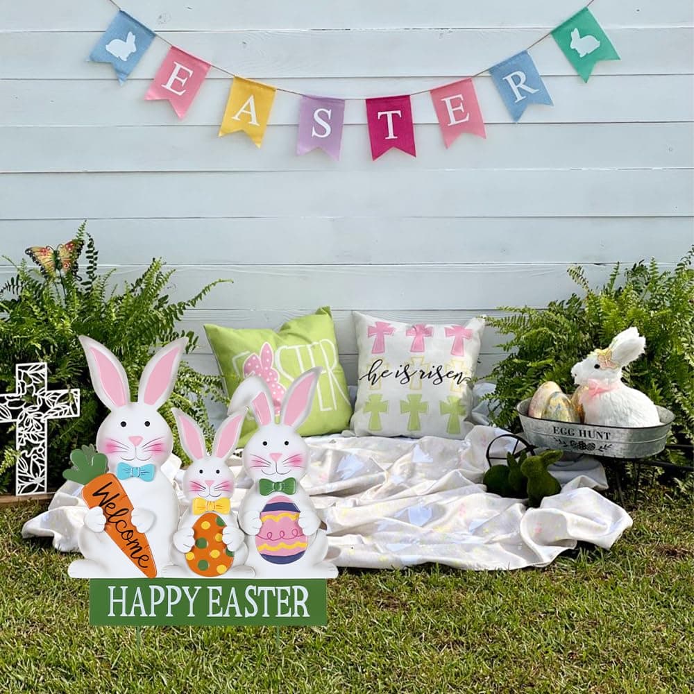 YEAHOME 3 Metal Bunny Decorative Easter Garden Stakes, Metallic, Outdoor, Happy Easter Yard Sign, Spring Decorations thumbnail 5