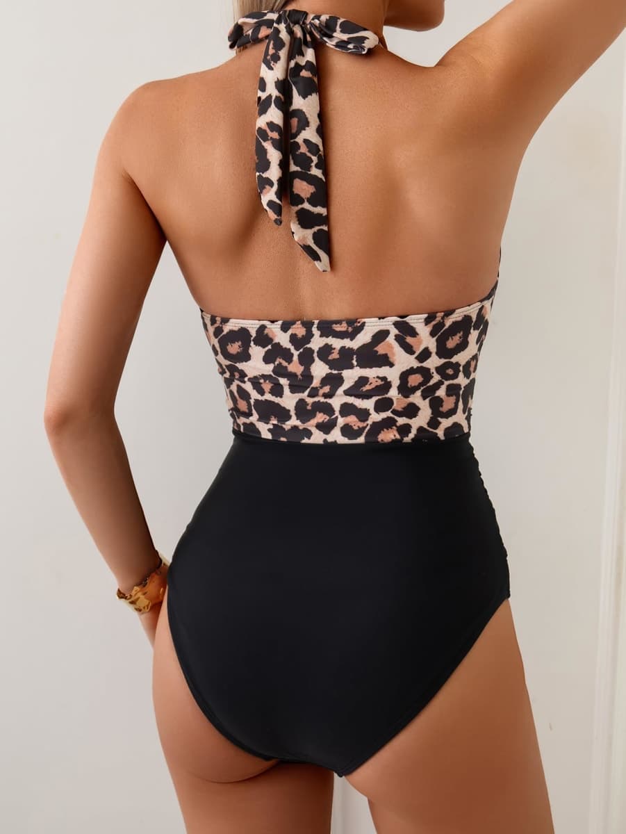 B2prity Women's Slimming One Piece Swimsuits Tummy Control Bathing Suit Halter Swimwear for Big Busted Curvy Woman, Leopard Print, Black, Medium thumbnail 2