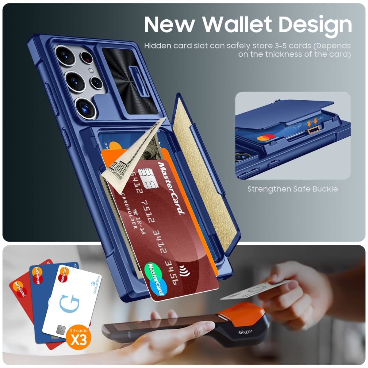 GooseBox for Galaxy S24 Ultra Wallet Case, for Samsung Galaxy S24 Ultra Case with Card Holder & Camera Cover & Kickstand, Full Body Shockproof Wallet Case for S24 Ultra 6.8Inch 2024-Blue(Upgraded) thumbnail 3