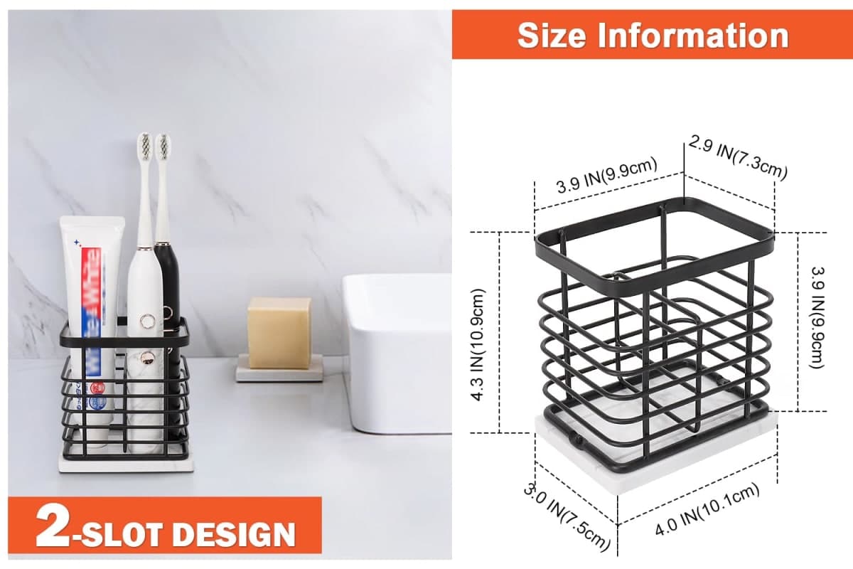 HarJue Toothbrush Holder, Luxurious Metal Toothbrush Toothpaste Holder with Marble Base for Bathroom, Multi-Slots Openwork Design, Bathroom Accessory for Storage and Organizer (Small, Matte Black) thumbnail 2
