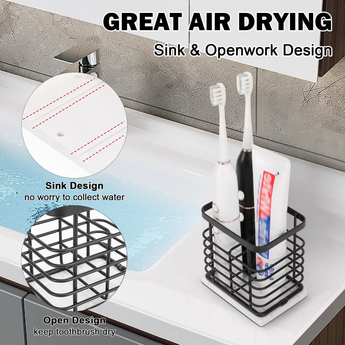 HarJue Toothbrush Holder, Luxurious Metal Toothbrush Toothpaste Holder with Marble Base for Bathroom, Multi-Slots Openwork Design, Bathroom Accessory for Storage and Organizer (Small, Matte Black) thumbnail 3