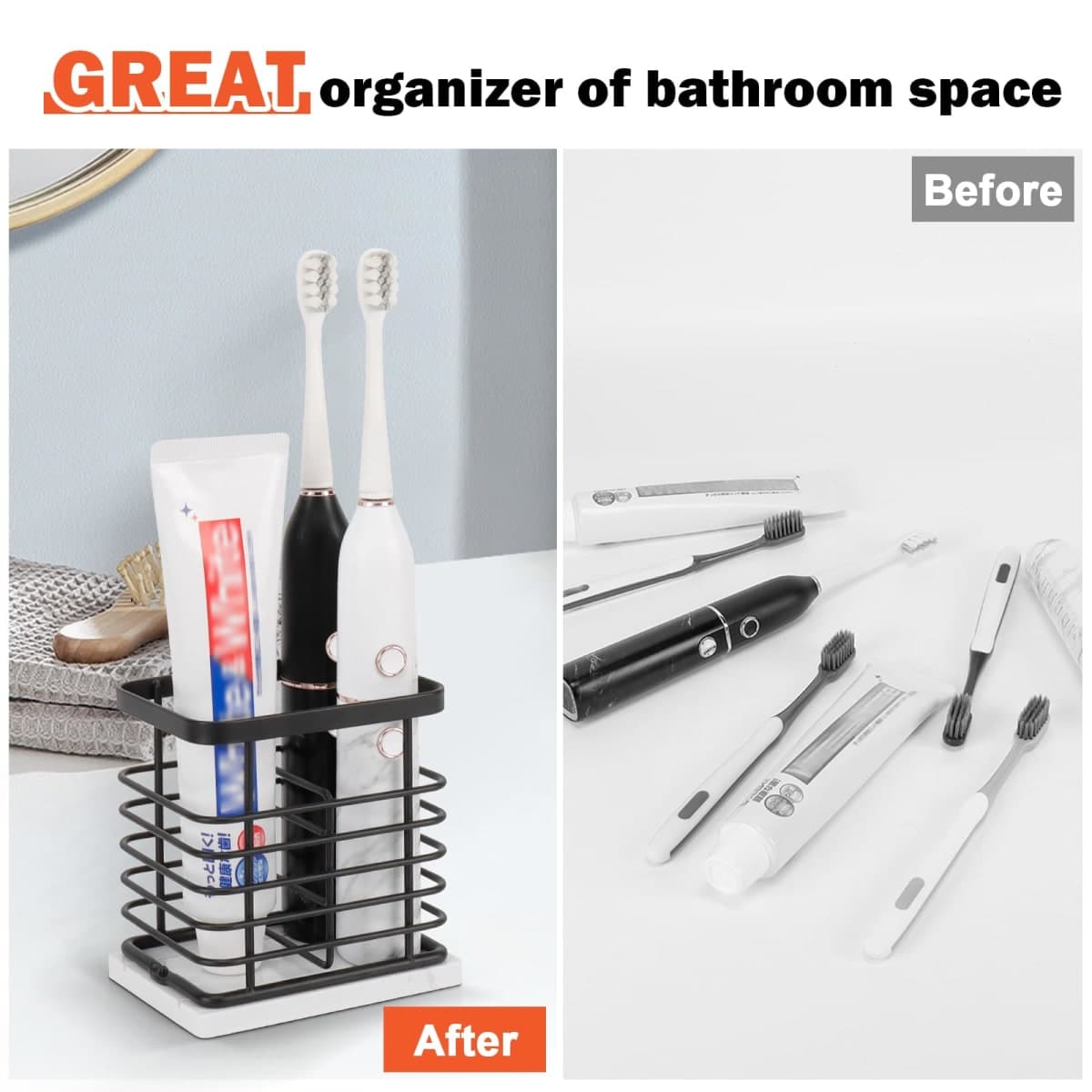 HarJue Toothbrush Holder, Luxurious Metal Toothbrush Toothpaste Holder with Marble Base for Bathroom, Multi-Slots Openwork Design, Bathroom Accessory for Storage and Organizer (Small, Matte Black) thumbnail 5