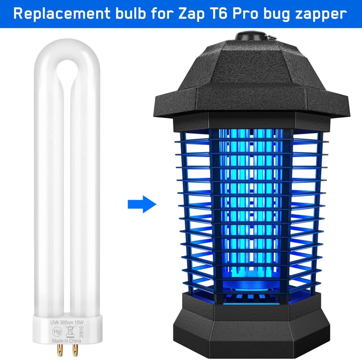 GOOTOP Replacement Bulb for Zap T6 Pro, K15, T9,X3 Bug Zapper, 15W, 4-Pin Base, U-Tube Bulb Twin Tube Bulb thumbnail 2