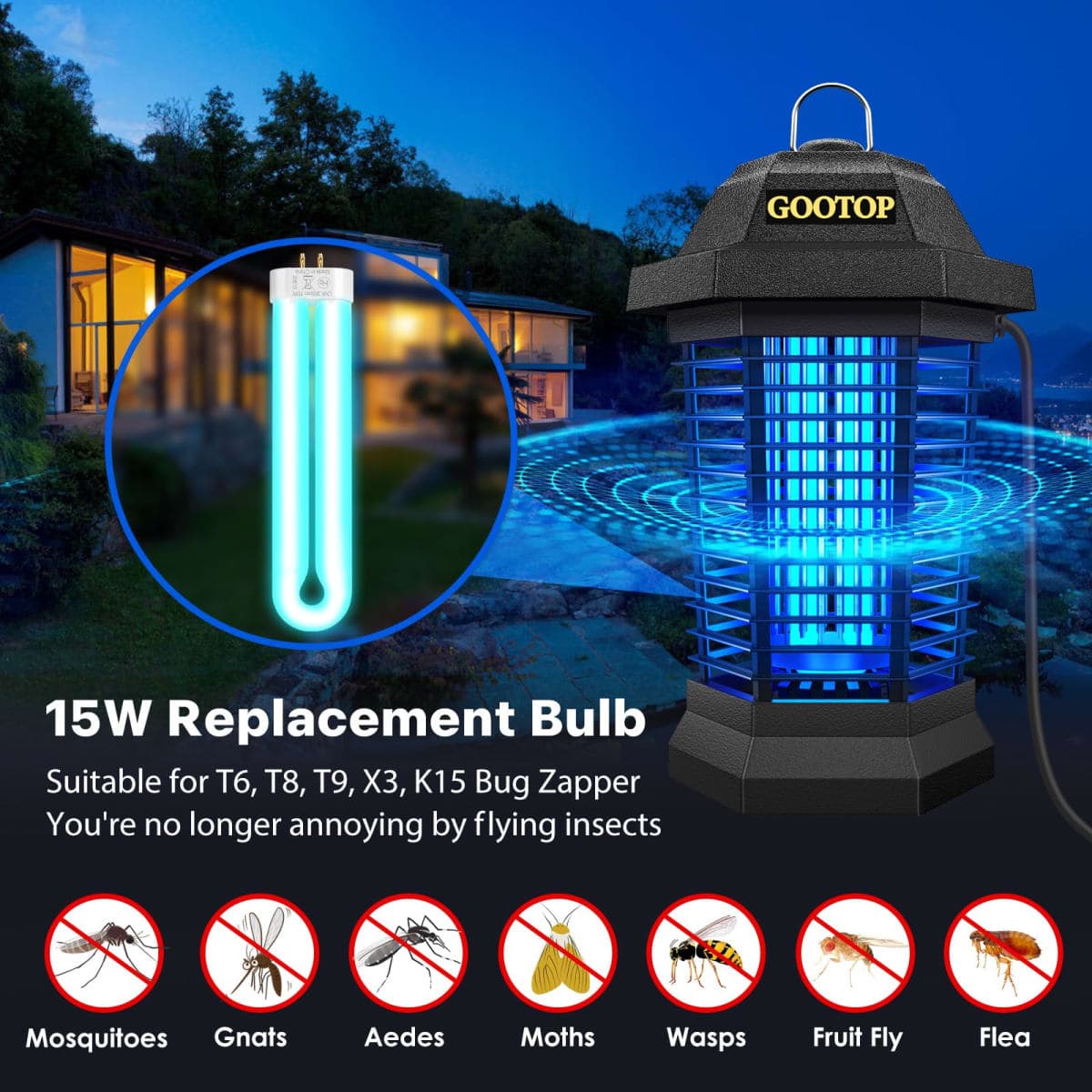 GOOTOP Replacement Bulb for Zap T6 Pro, K15, T9,X3 Bug Zapper, 15W, 4-Pin Base, U-Tube Bulb Twin Tube Bulb thumbnail 3